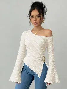 Women's Asymmetrical Backless Long Sleeve Ruched Waist Flare Sleeves T-Shirt, Commuter Chic, Spring Fashion Clothing