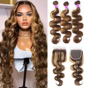 P4 27 Highlight Body Wave Bundles With Closure Honey Blonde Human Hair Bundles With Closure 4x4 Inch