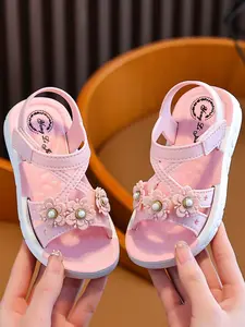 Summer New Girls' Sweet Princess Sandals, Floral Print Sandals, Soft Non-Slip Velcro Open Toe Shoes, Casual School Beach Wear, Fashion Cute Little Princess Shoes