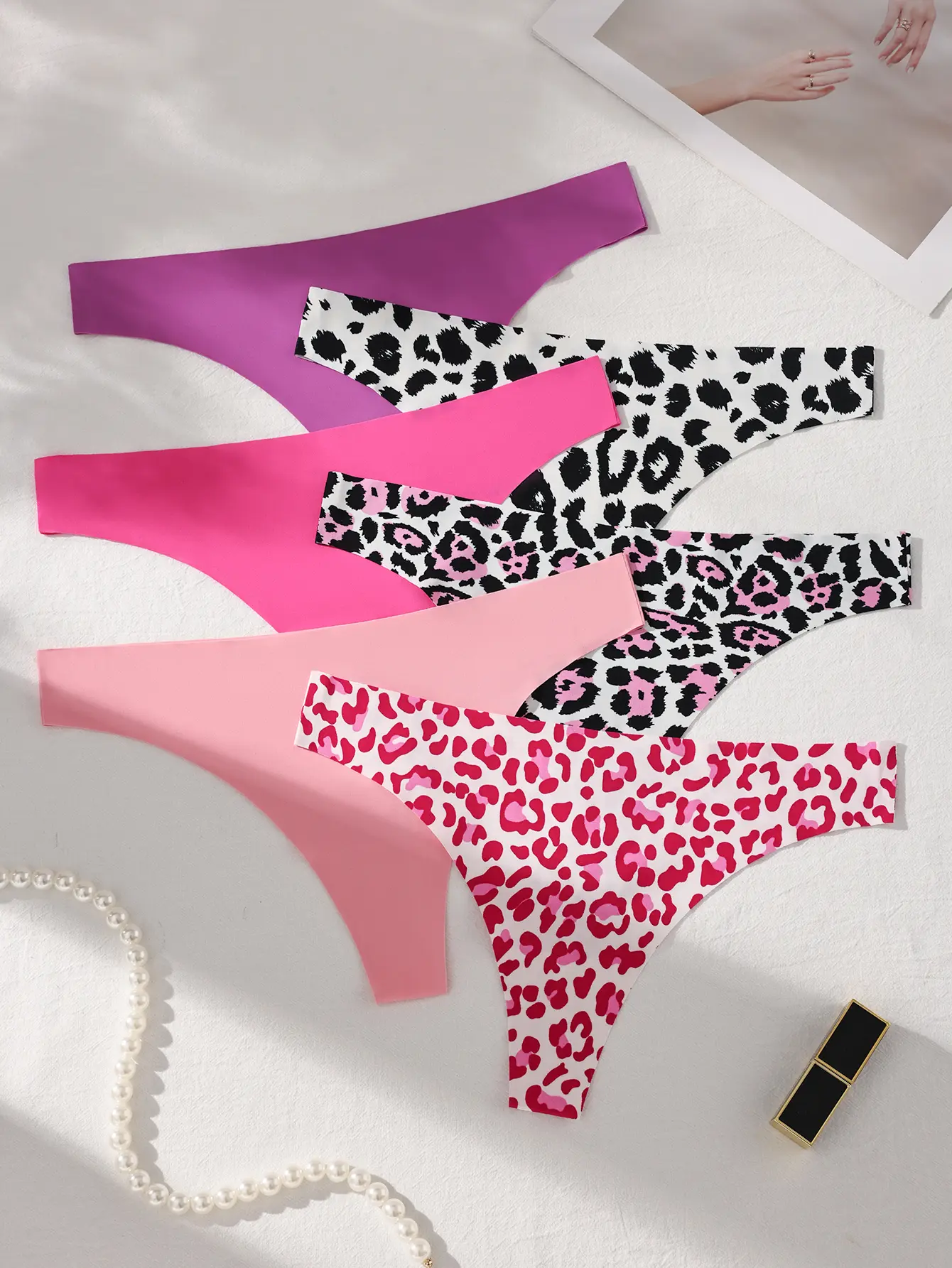 Hotcom Women's 6-Piece Polyamide Low Waist Thongs - Soft, Breathable Fabric, Seamless, Scallop Trim, Solid & Leopard Prints, Plus Size Lingerie for Daily & All-Season Wear, Pieces, Drop Waist, Halloween