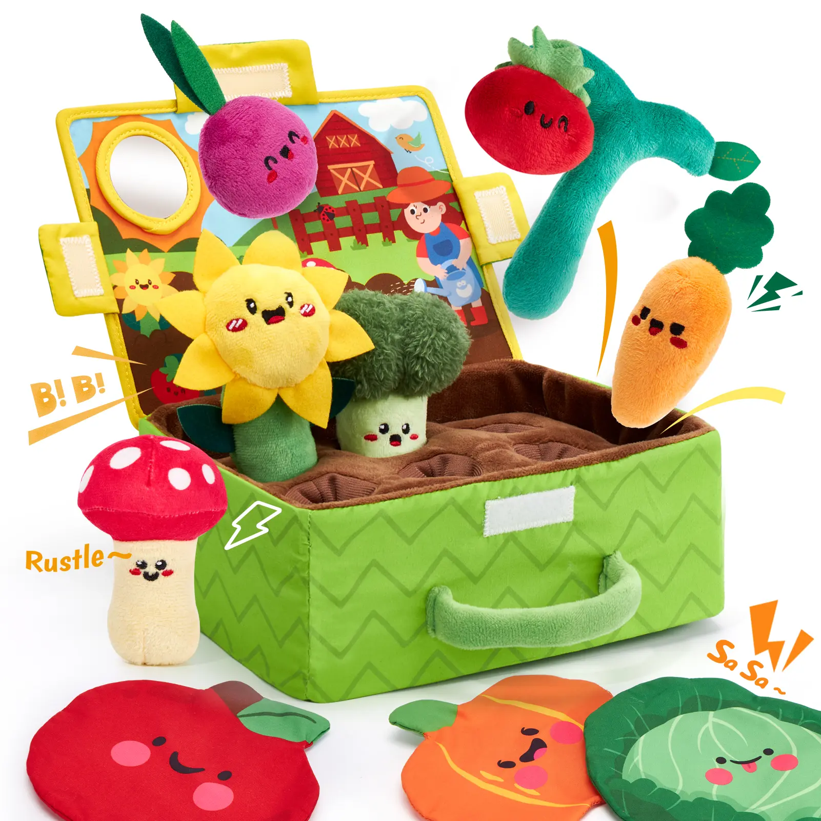 hahaland 11-Piece Cute Stuffed Animal Garden Sensory Set - Fruits, Vegetables, Plants Plushies with Rattles, Mirror, Squeaker, Crinkles, Textures, Soft Huggable Durable Montessori Stuffedtoy for 6-12 Months, Baby Shower Gift