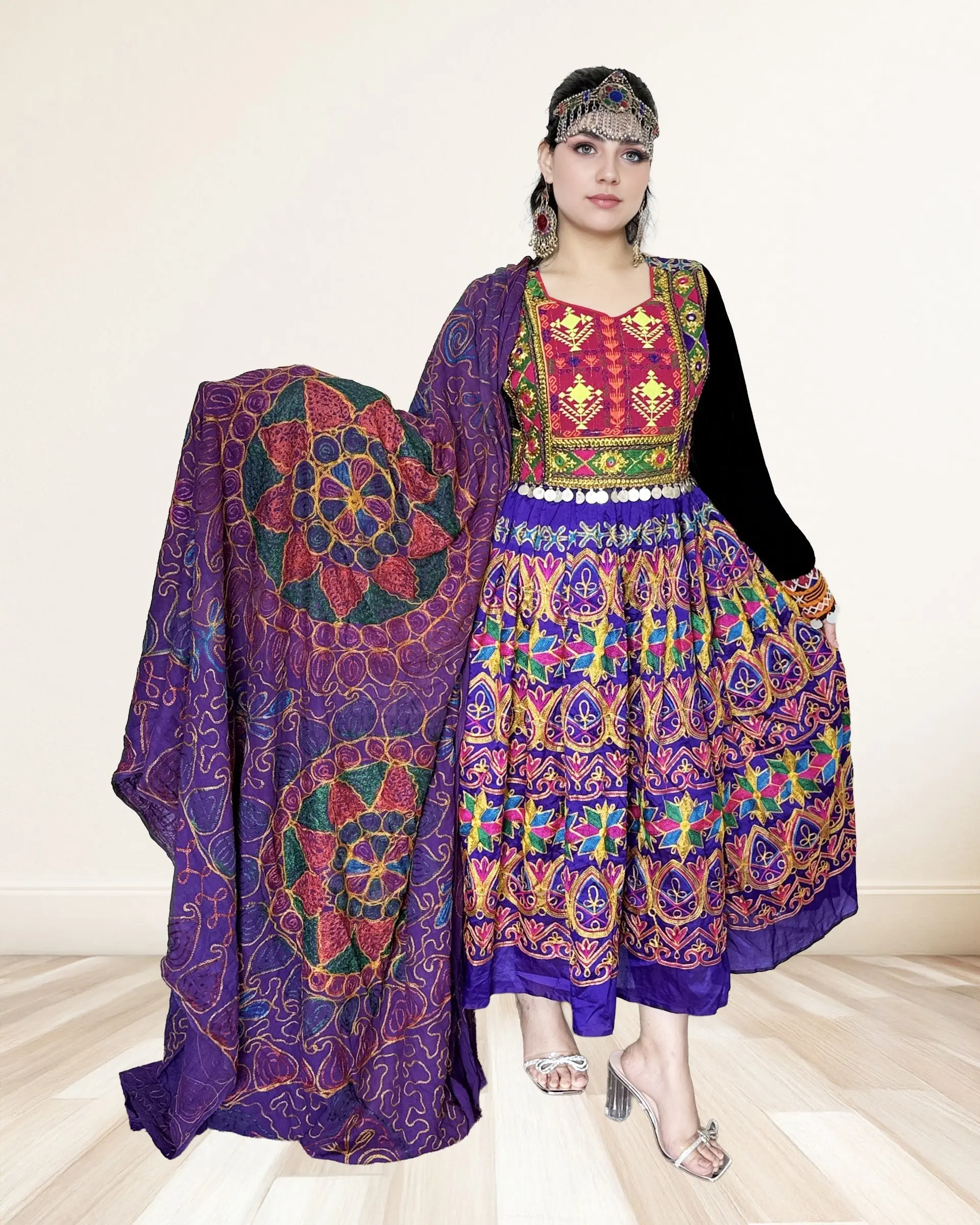 Women's Purple Charmaghzani Wedding Dress, Traditional Afghan Clothes with Stitched Details, Wrap Sleeves and Flowing Skirt, Matching, Embroidered, Geometric