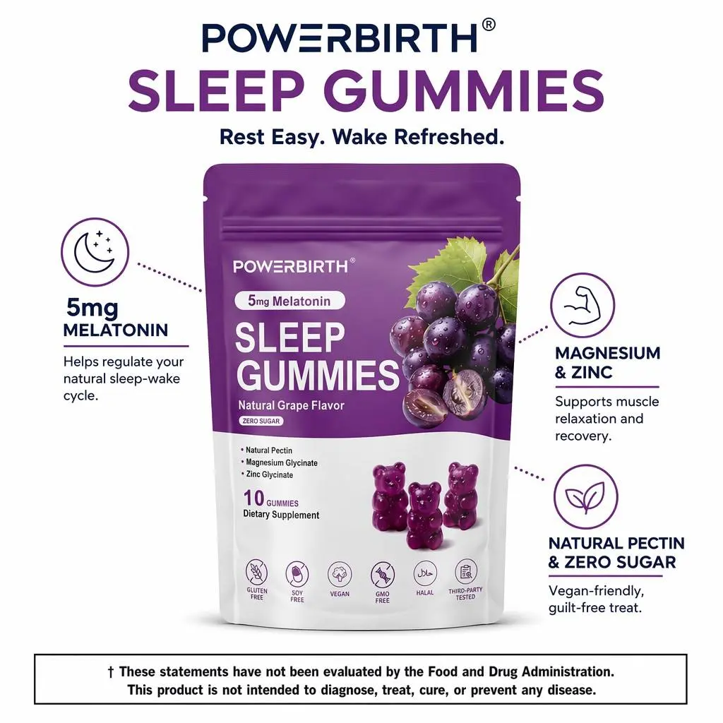 POWERBIRTH—5 mg Melatonin Gummies, Sleep Supplement, Sleep Gummy, Contains Magnesium and Zinc, Natural Grape Flavor, No Sugar, No Artificial Flavors, Travel Size