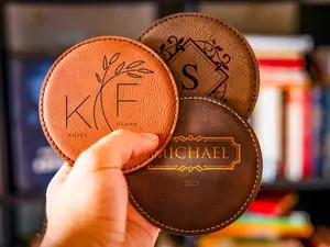 Custom Leather Coasters With Holder, Custom Engraved Coasters with Holder,  Unique Gift for Coffee & Wine Lovers, Coaster Set, Personalized Leather Coaster, Housewarming Gifts, Cute Coasters, Round Coasters Engraved