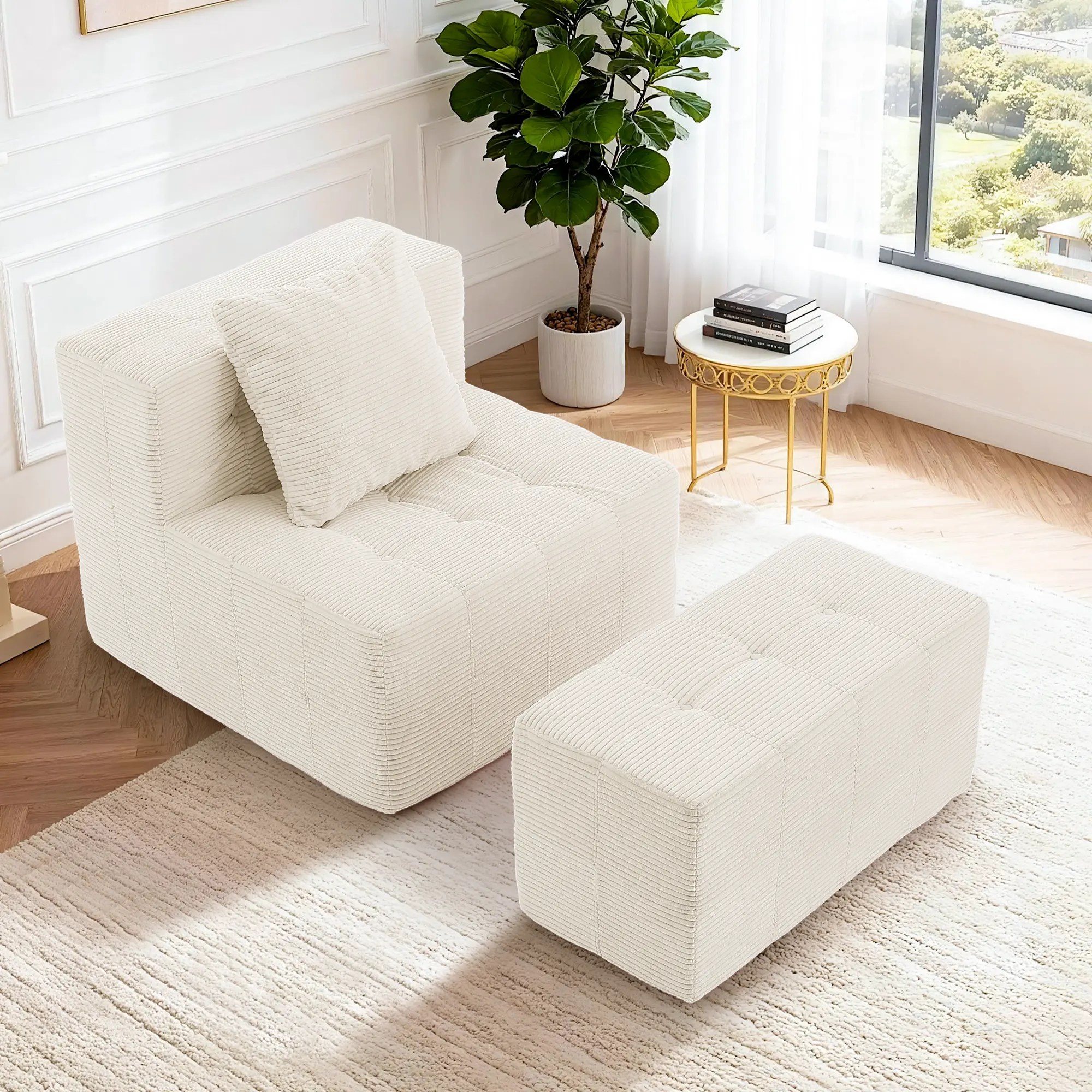 Korser Armless Modular Corduroy Sectional Sofa with Ottoman, Convertible Tofu Block Floor Bed, 38.19''D x 32.28''W x 28.34''H, Button Detailing, High-Density Sponge, Comfortable Leg Support for Living Room Bedroom, Configurable Ottoman