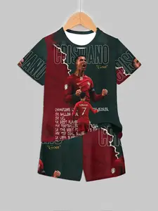 Portugal Cr7 Goat Honor Boys Athletic Short Sleeve Set, Round Neck Set, Cartoon Pattern, Fitted Casual Style, Fan Favorite Youth Clothing