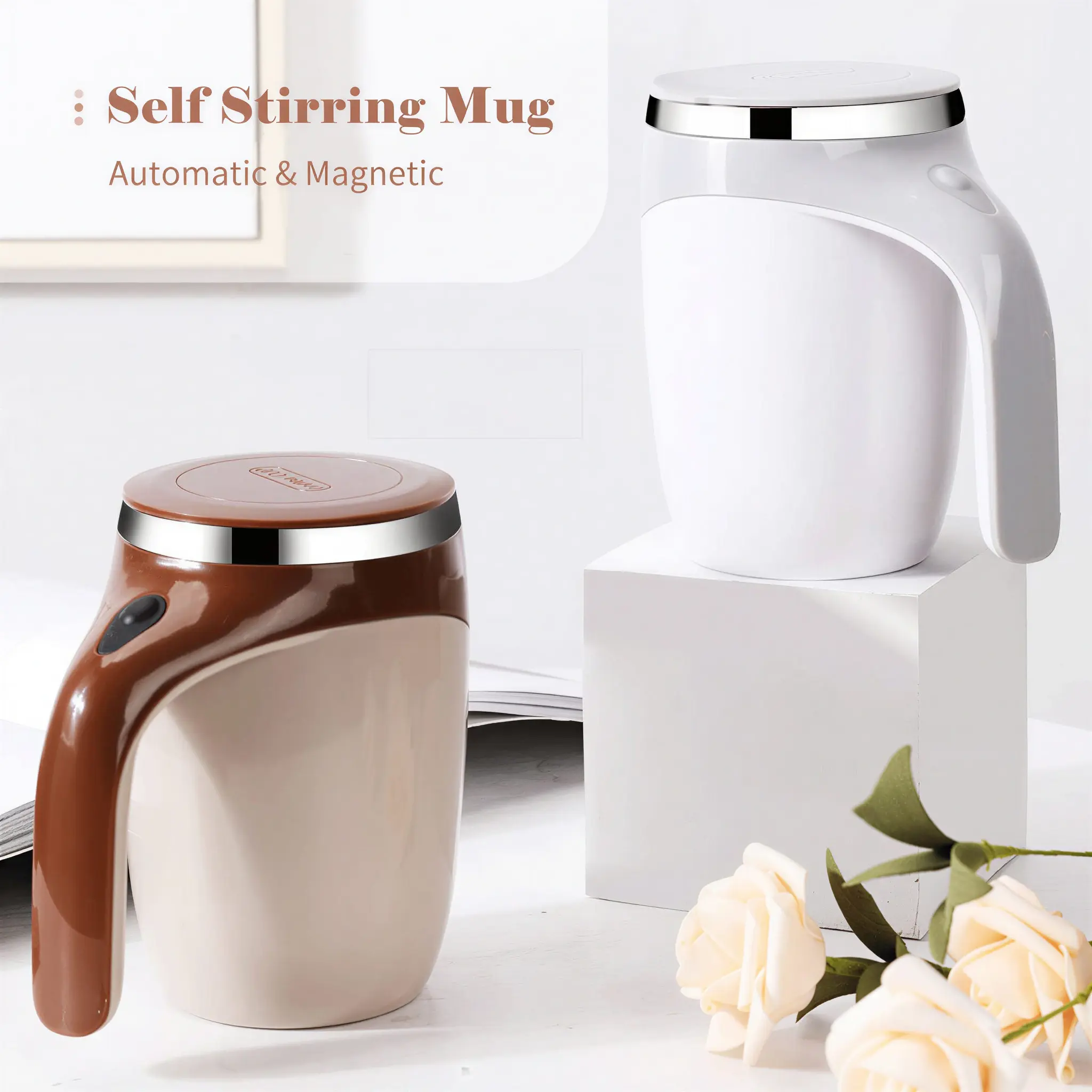 Unisex Steel-Plastic Reusable Electric Auto-Stir Rechargeable Coffee Mug, 1-Touch Stirring Drink Tumbler with Lid, Portable Washable Home Supplies Party Gift