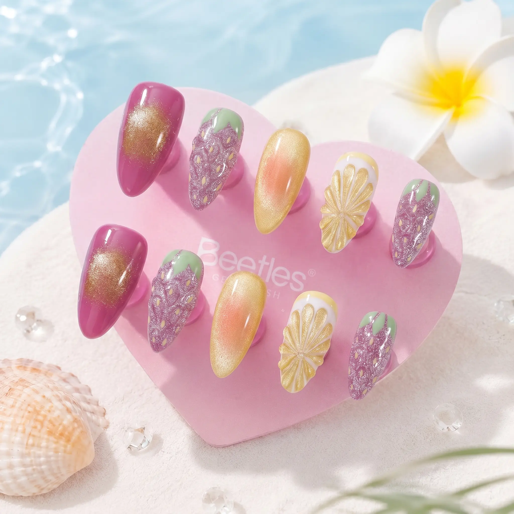 [Exclusive to TTS]Beetles New Summer Collection Handmade Press On Nails, Summer False Nails with Nail Glue & Adhesive Tabs, Reusable Glossy Full Cover Acrylic Nails Kit with 10 Nails for Women and Girls