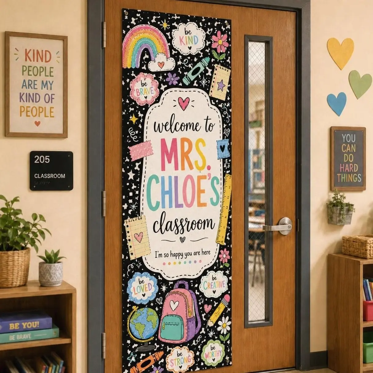 Personalized Black Doodle Classroom Door Banner, Polyester Linen Teacher Tapestry, Back To School Decor