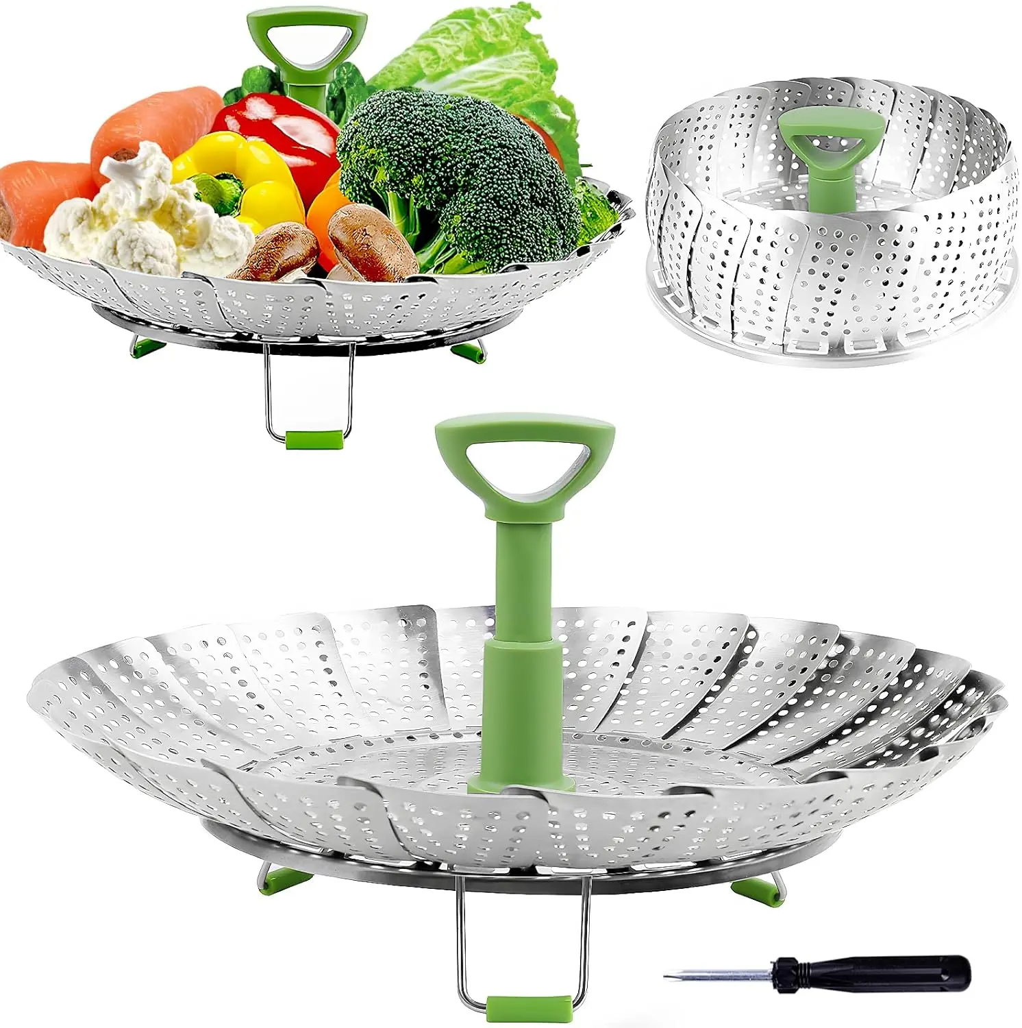 Vegetable Steamer Basket for Cooking Food, Stainless Steel Veggie Steam Basket for Pot, Folding Expandable Steaming Insert with Extendable Handle Fits Various Size Pot, 5.1" to 9"