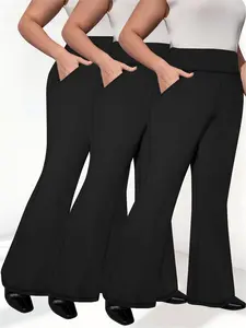 Plus Size High Waist Tummy Control Flare Pants, Slant Pocket & Stretch Fabric, Hip Covering & Slimming Casual Bell Bottom Trousers S-5XL