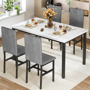 Hooseng 5-Piece Dining Table Set for 4 with Faux Marble Top & Velvet Chairs, Space Saving Modern Kitchen Table Set for Small Spaces, Apartments