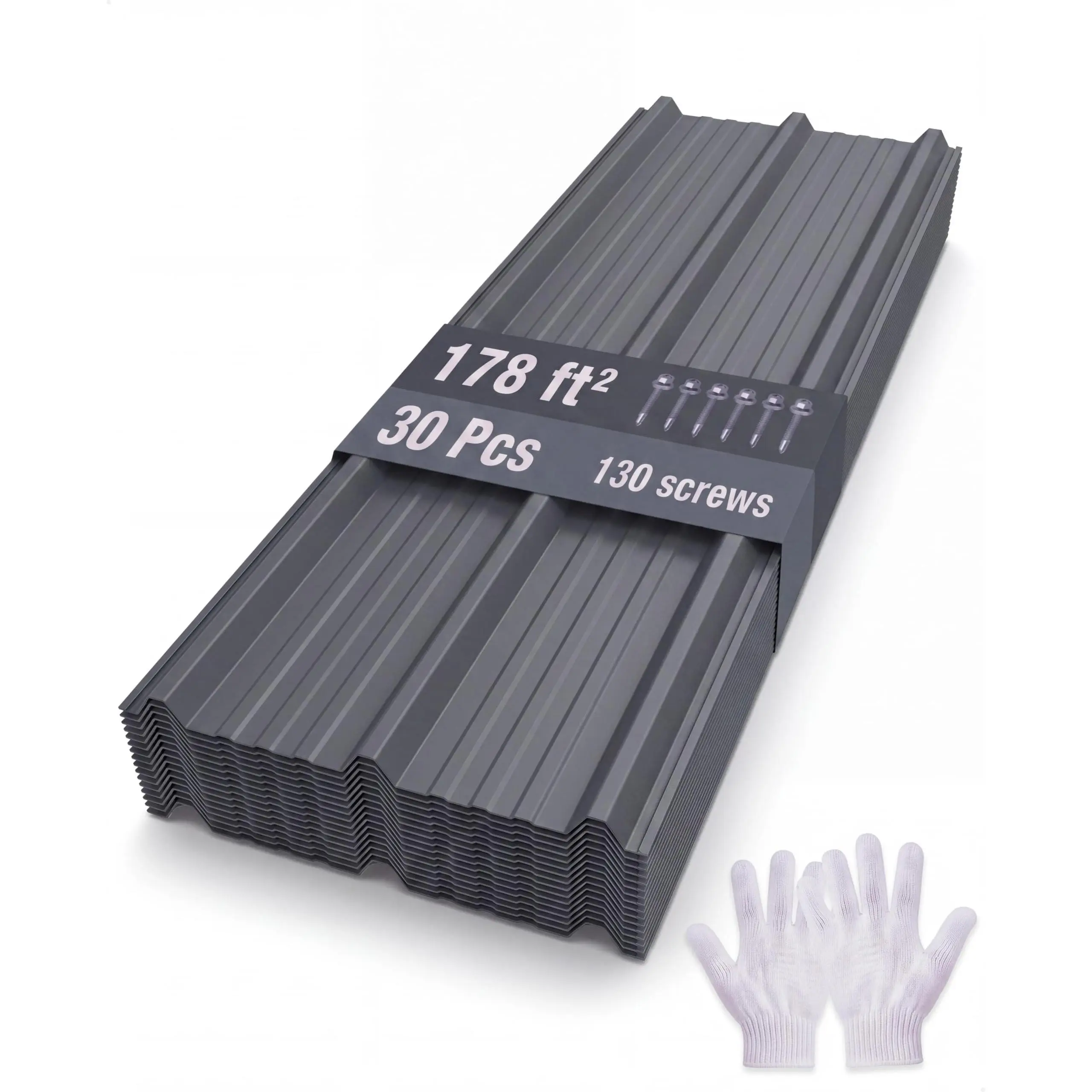 Galvanized Steel Dual-Rib Roof Panels (30 Pieces) - Corrosion Resistant, Hemmed Edges, Purlin Bearings, 43.3in L x 19.7in W, 178 Ft² Gray Outdoor Furniture Accessory