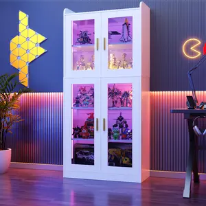 Display Cabinet Storage with Glass Doors, 67" Tall Bookcase with LED Lights, Glass Display Case with 5-Tier Storage Shelves, Storage Cabinet Furniture, Curio Cabinet for Collectibles Bedroom Living Room Office