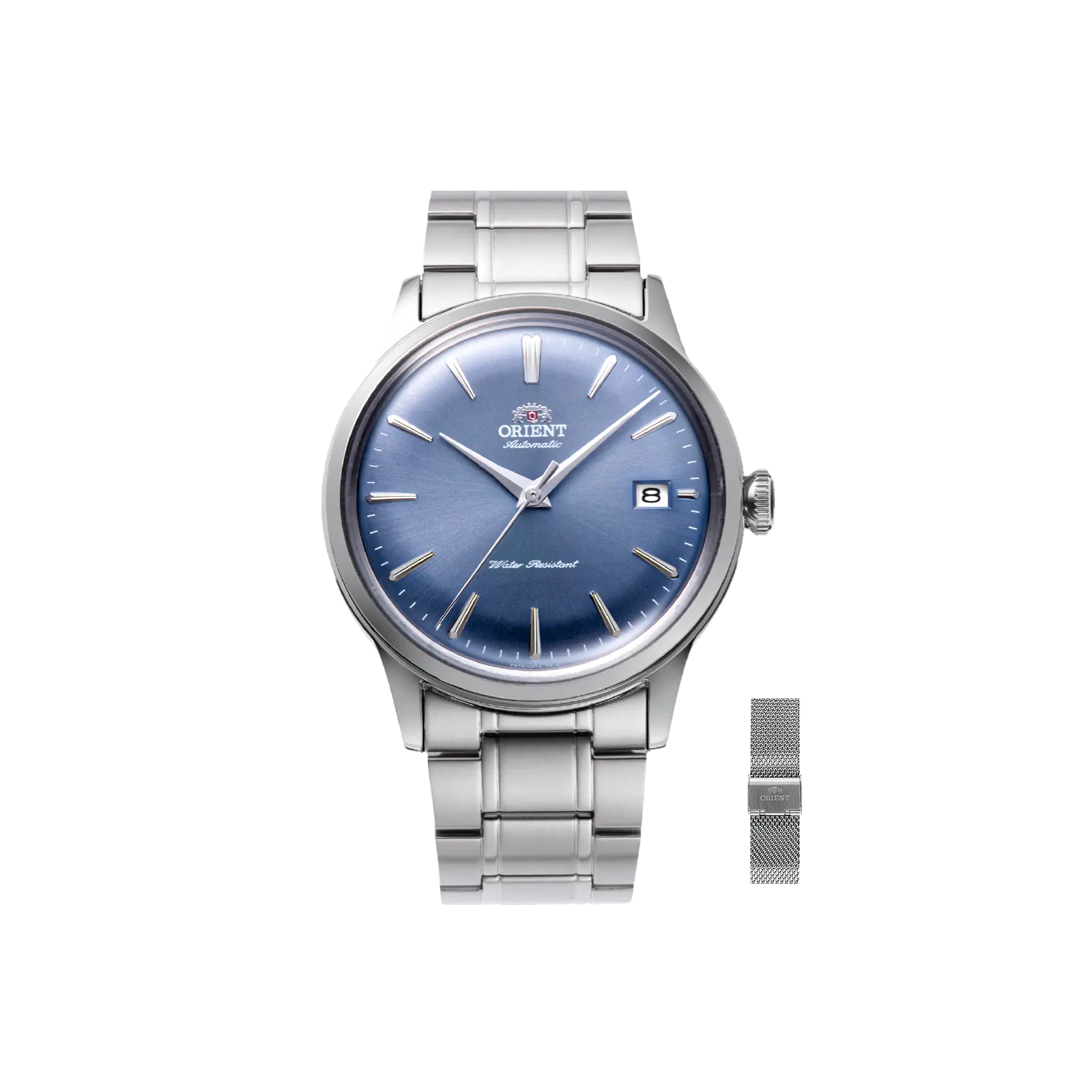 Orient Watch Bambino V7 Unisex Automatic Dress Watch, 38.4mm Elegant Blue Round Dial, Stainless Steel Case with Date Display, 30m Water Resistant, Includes Extra Mesh Strap, Elegant Round Dial, Round Face