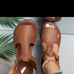 Women's Peep Toe Flat Sandals, Solid Color Buckle Strap Slingback Shoes, Faux Leather Summer