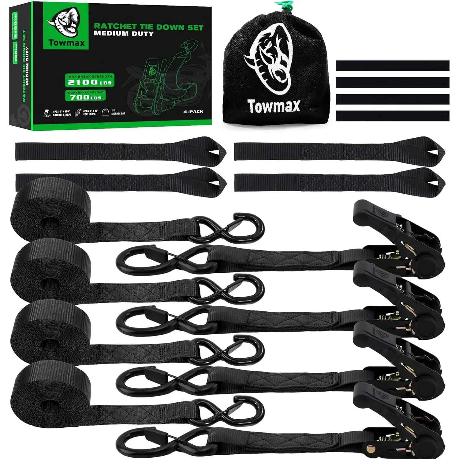 Ratchet Tie Down Straps (4 Pack) - Motorcycle Strap Tie Downs 2,100lb Break Strength - 1 in x 15ft Black Ratchet Straps -15" Soft Loop Tie Down Straps for Truck, Cargos