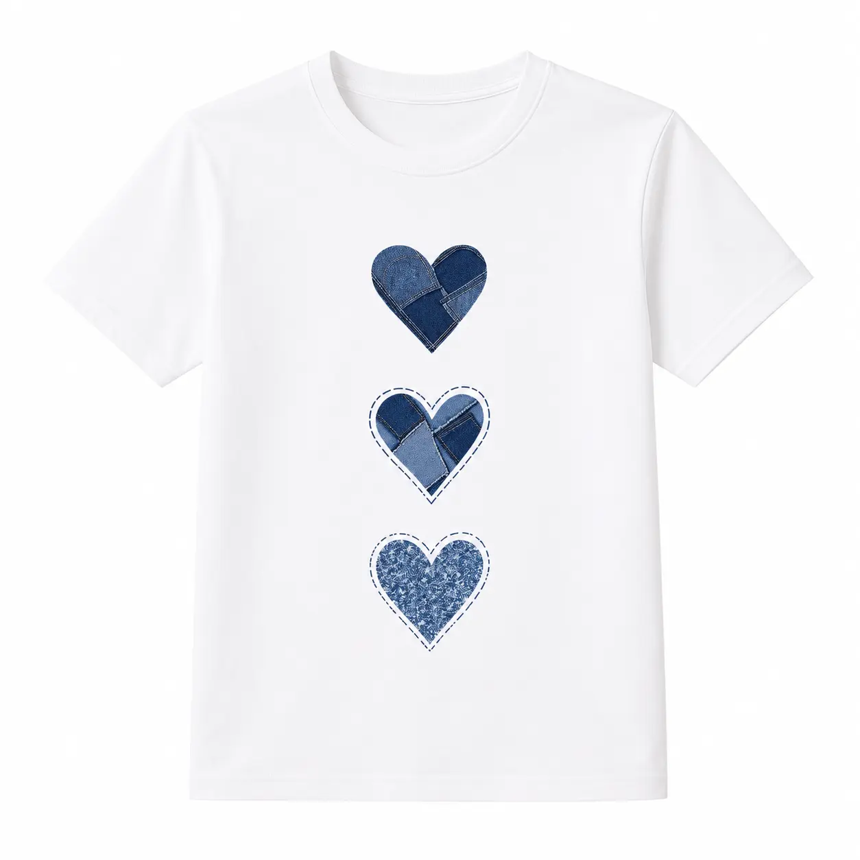 Women's Denim Heart Graphic Crewneck T-Shirt - Soft Stretch Short-Sleeve Streetwear Top, Sports & Outdoor Women's Clothing, Trendy T-Shirt for Summer Daily Wear