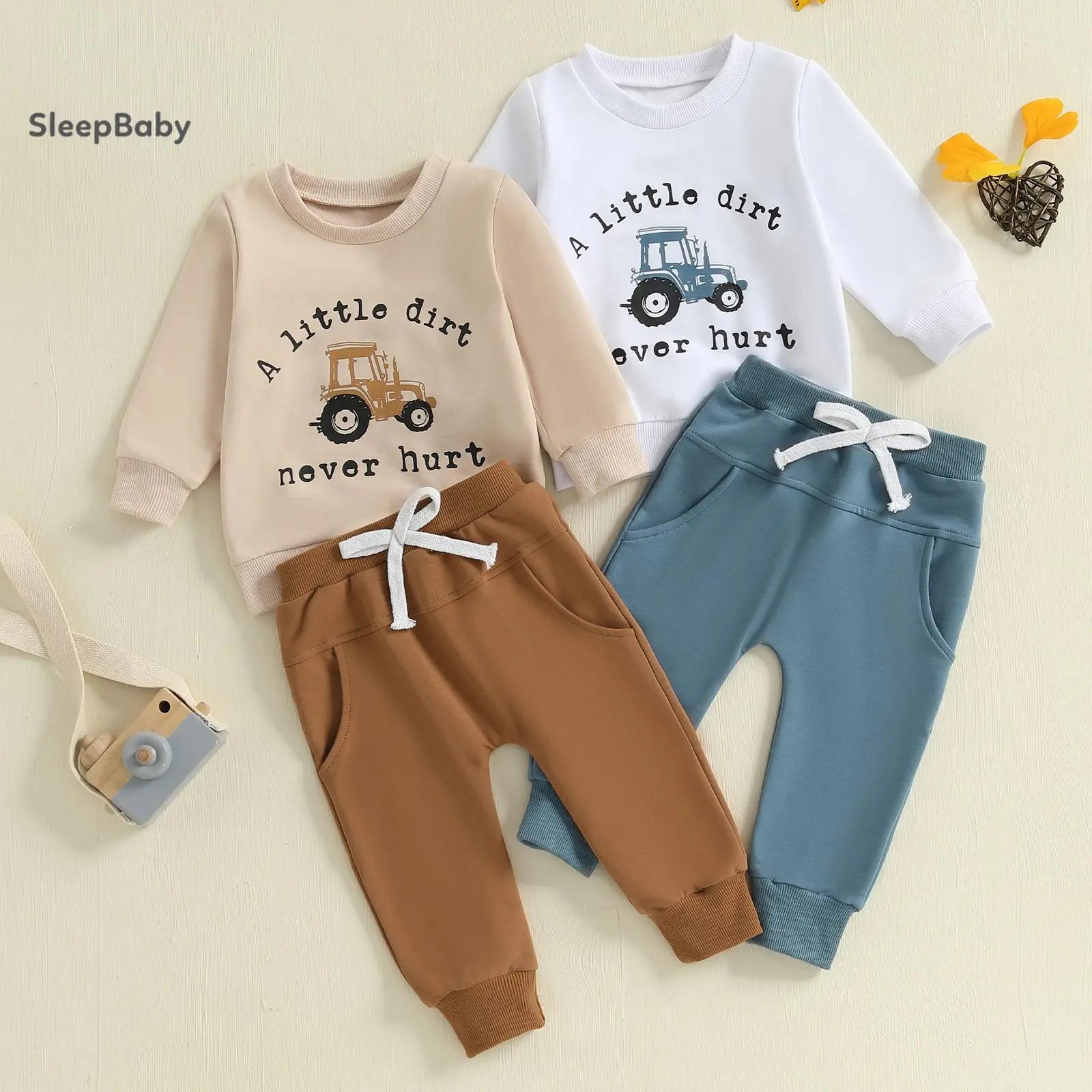 Toddler Boys' 2-Piece Casual Set, Tractor Motif Polyester Blend Set Outfit with Long Sleeve Top & Drawstring Sweatpants, Clothes Kids, Children, Letter, Cotton Blend