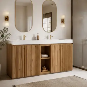 60-Inch ARCH Freestanding Double Sink Bathroom Vanity, Knotty Oak Melamine Cabinet, White Quartz Countertop, Soft-Close Doors, Adjustable Shelves, Modern Oak Floor Cabinets for Bathroom Storage, Multiple Color Options, Color: Light Finish