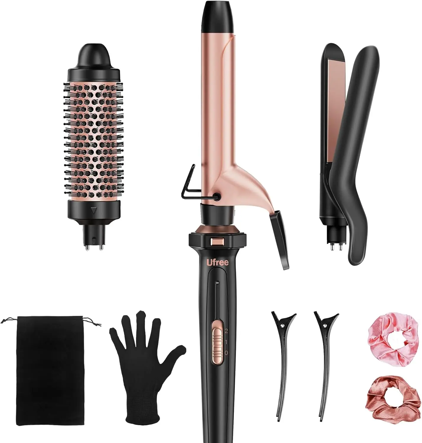 3 in 1 Salon & Daily Curling Iron Set - Adjustable Curling Wand, Thermal Brush, Flat Iron Hair Straightener, Dual Voltage, Instant Heat Up, Storage Pouch, Protective Glove, 2 Clips, Women's Gift