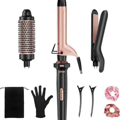Women's 3-in-1 Salon & Daily Hair Tool Set - Thermal Brush, Curler, Flat Iron Straightener, Adjustable Wand, Frizz Control, Dual Voltage, Instant Heat Up, US Plug, Storage Pouch, Protective Glove, 2 Clips, Hair Accessories, Bouncy Curls, Gift