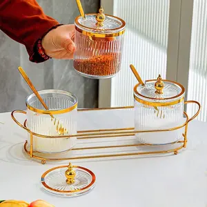 Luxury Clear Seasoning Jar Kitchen Storage Oil Salt & Spice Container Set With 3 Jars And A Spoon Utensils