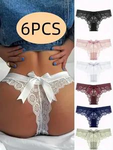 6PCS, women's lace bow thong T-shaped back low waist breathable underwear sexy seamless V-shaped design floral lace triangle pants Lady Comfort Womenswear Panties