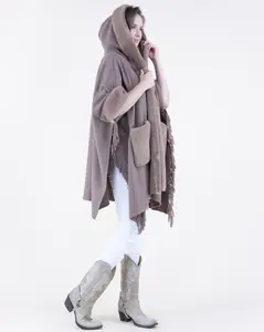 Luxurious Ribbed Soft Faux Fur Trimmed Cape Shawl with Plush Textured Draped Silhouette and Elegant Flowing Hemline for Cooler Weather
