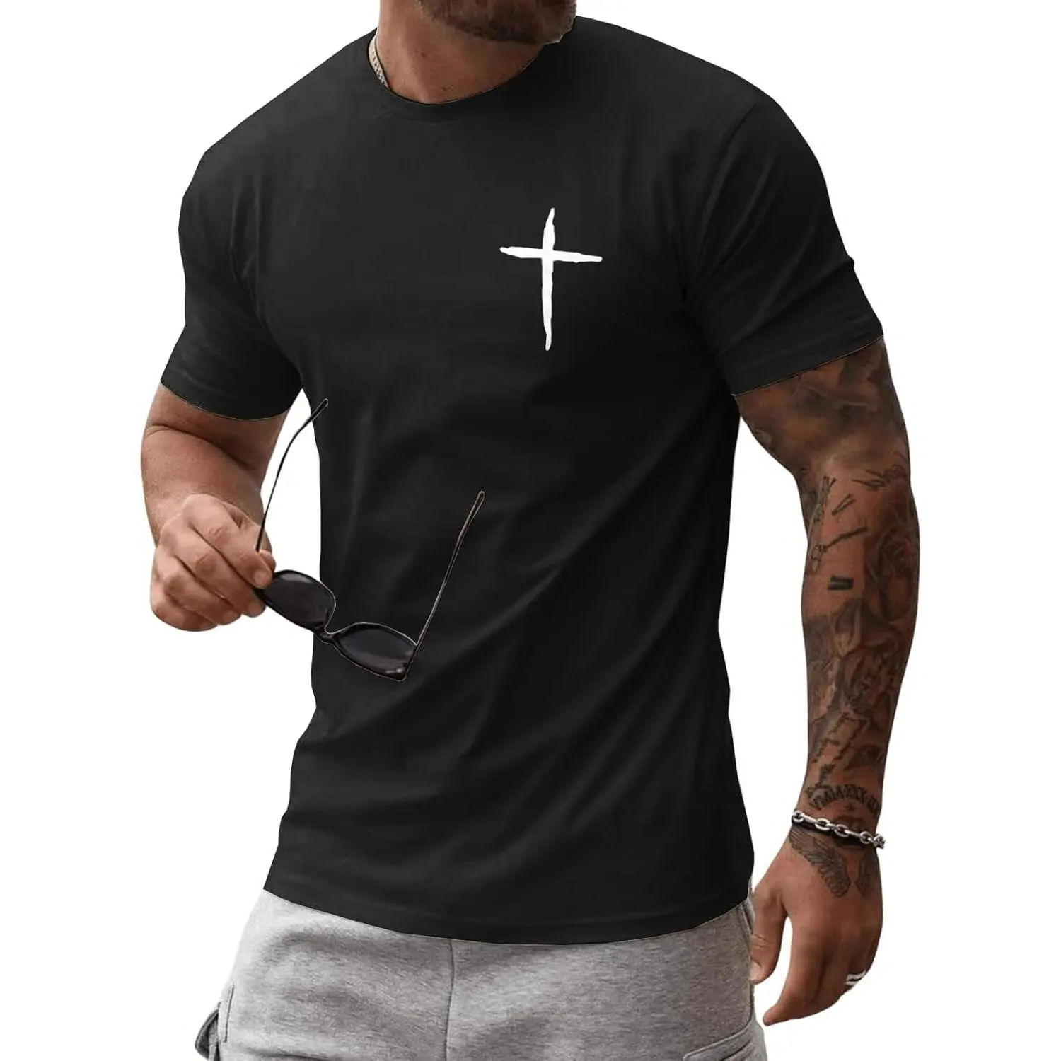 Mens Short Sleeve Cotton T-Shirts Crew Neck Jesus Cross Printed Shirts Faith Christ Shirts