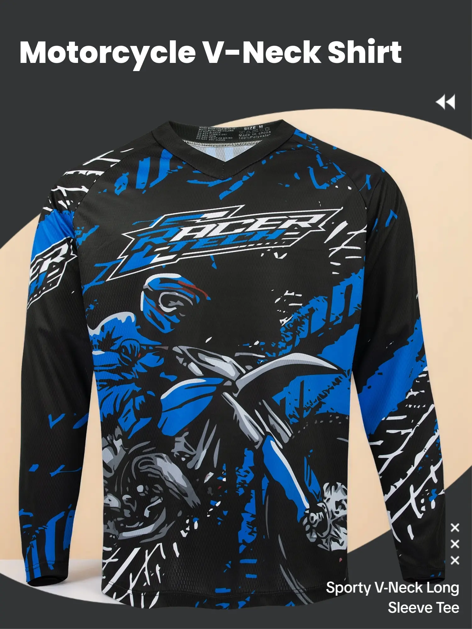 Motorcycle Off-Road Long Sleeve Shirt, Sporty Fitted Design, Random Print Pattern, Moderate Fabric Thickness, All Seasons Wear, Athletic Shirt, Athletic Fashion Activewear, Athletic Apparel, Fitted Sportswear