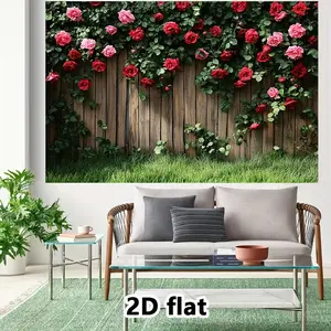 1PC Polyester Reusable 2D Flat Vintage Wooden Fence Rose Flower Backdrop Banner - Pastoral Style Green Plant Grass Decor, Party Decoration Supplies for Photoshoots, Bedroom Wall Decor