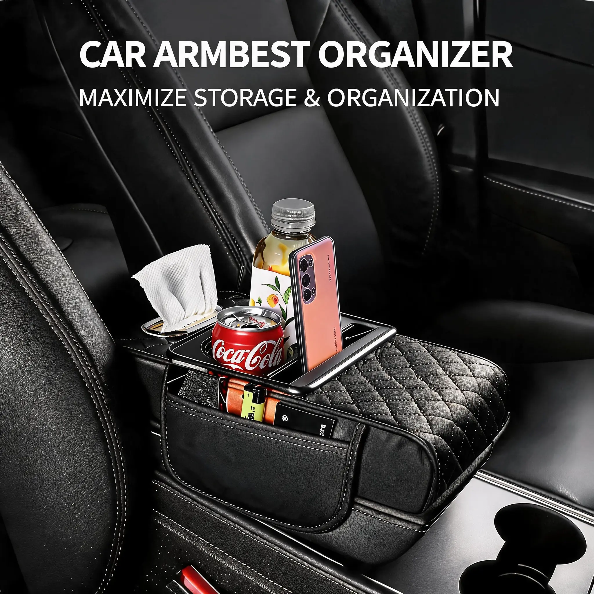5-in-1 Car Armrest Cushion with Cup Holder, Car Storage Bag, Tissue Box & Phone Slot &Cards, Car Console Organizer, Interior Storage and Organization Accessory Suitable for SUVs and Sedans