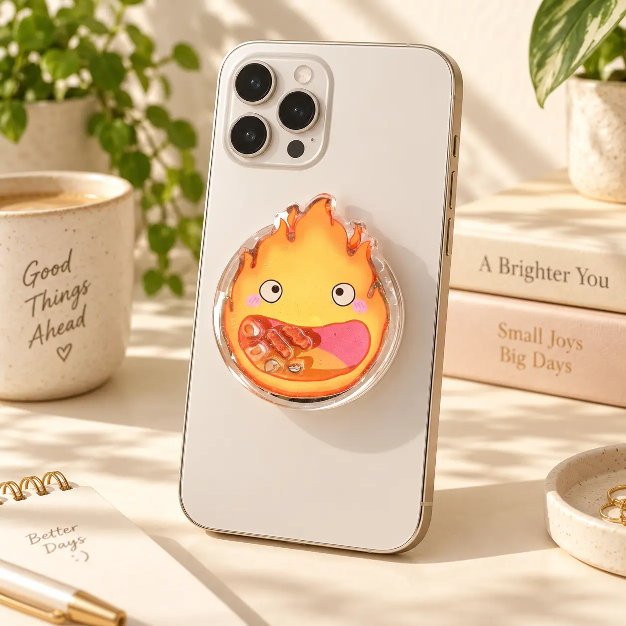 Cute Fire Demon Shaker Phone Grip Kawaii Anime Flame Acrylic Phone Holder Liquid Glitter Phone Stand Magical Cozy E-reader Accessory Gifts for Teens