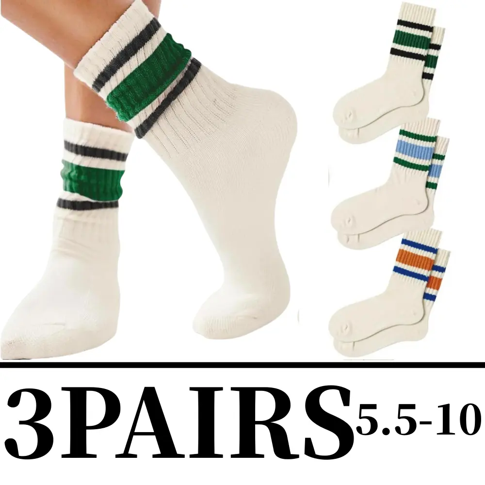 Women's 3-Pair Retro Striped Crew Socks, Soft Cotton Athletic Novelty Socks for Casual Fashion and Everyday Activewear