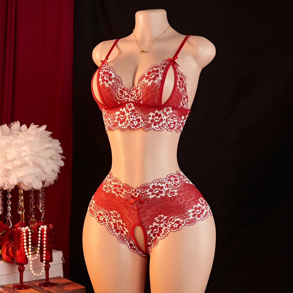 Women's Feminine 2-Piece Lacy Bra Set - Elegant Lace Wireless V-Neck Bralette Cami, Open-Back Crotchless Bow-Accented Panty, Pull-On Design, Girly Feminine Items with Flower Details, Elegance