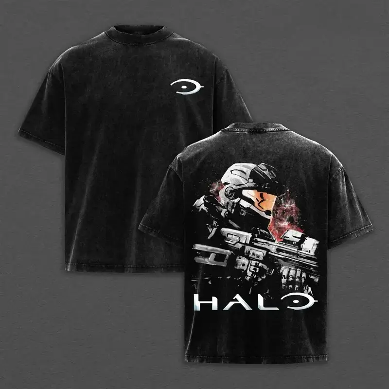 Men's 90s Vintage Distressed Washed T-Shirt, Master Chief Spartan Sci-Fi Character Back Print from Halo Game, Loose Crew Neck Short Sleeve Soft Cotton Top for Urban Night Outdoor Party Outfits