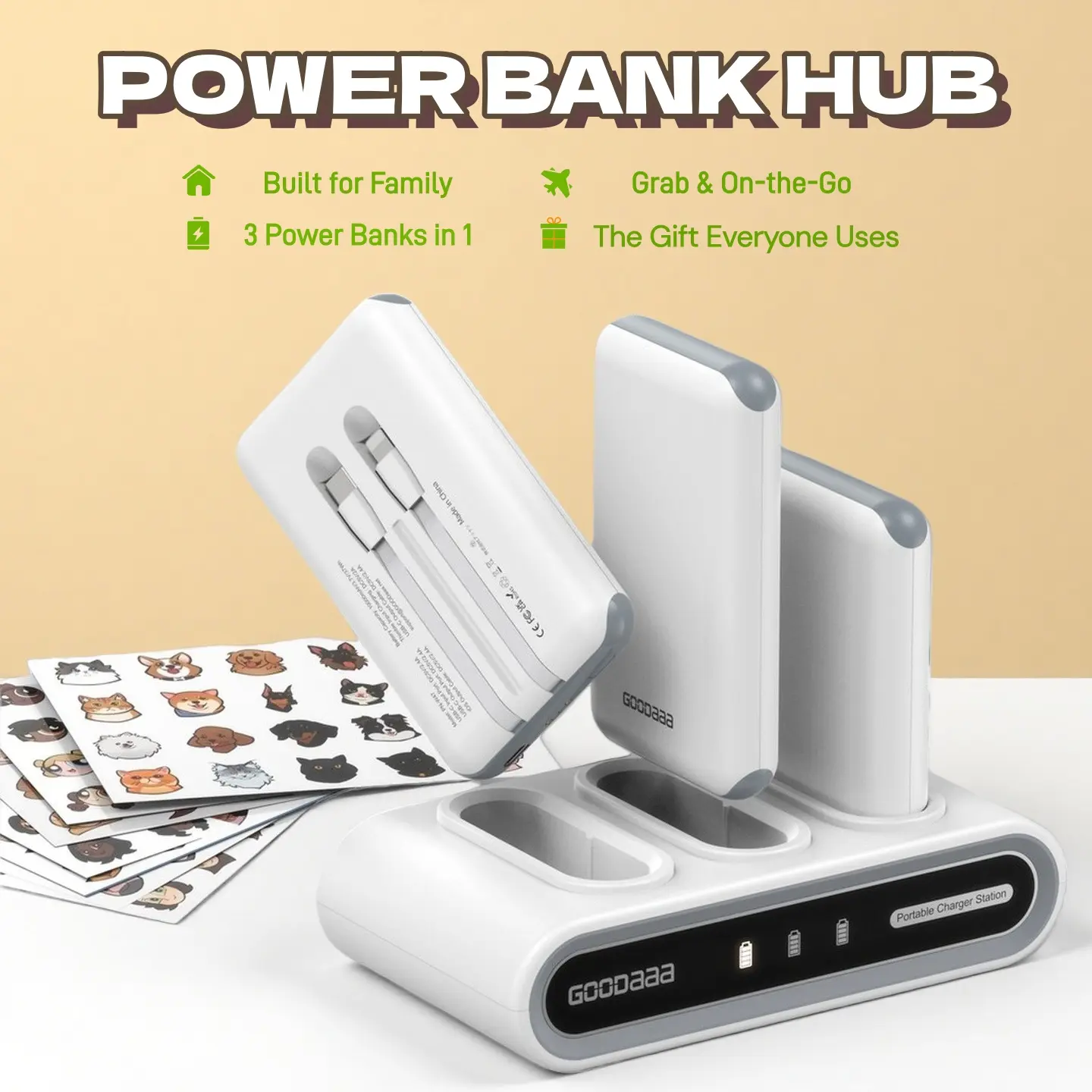 GOODaaa 3-Pack 10000mAh Portable Charger with Charging Dock Station, Built-in Cables, Family Power Hub for Home, Office, Travel, Parties, Dorms & Perfect Gift summerwins