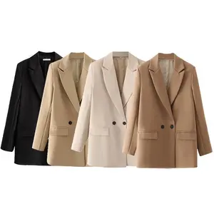 HXAO 2025 Blazer Woman Autumn Female Oversize Fitted Jacket Brown Khaki Beige Black Outerwears Chic Elegant Long Sleeve Blazers