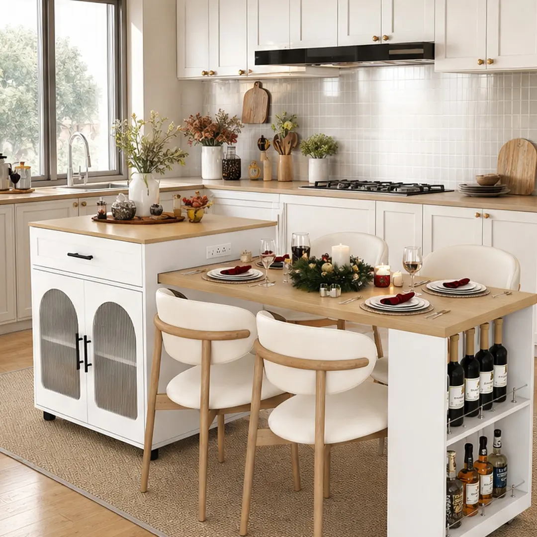 Extendable ARCH Kitchen Island Dining Table (80in) - Solid Wood Grain MDF Countertop, Built-in Charging Station, Mobile Storage Cart with Cabinet, Drawers & Shelves, White w/Multiple Color Options, 127.87 lb/87.00 lb, Assembly Required