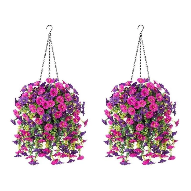 Garden landscape - Evergreen low-maintenance artificial flowers - Realistic hanging petunia baskets, Artificial hanging plant, Outdoor garden decoration, made of PVC material, with UV-resistant flowers, suitable for home porches, balconies