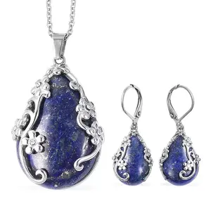 Jewelry Set for Women - Floral Gemstone Necklace & Earring Sets - Lapis Lazuli, Black Onyx & Dendritic Pendant Necklaces & Dangle Earrings - 20" Necklace Length Christmas Gifts for Women