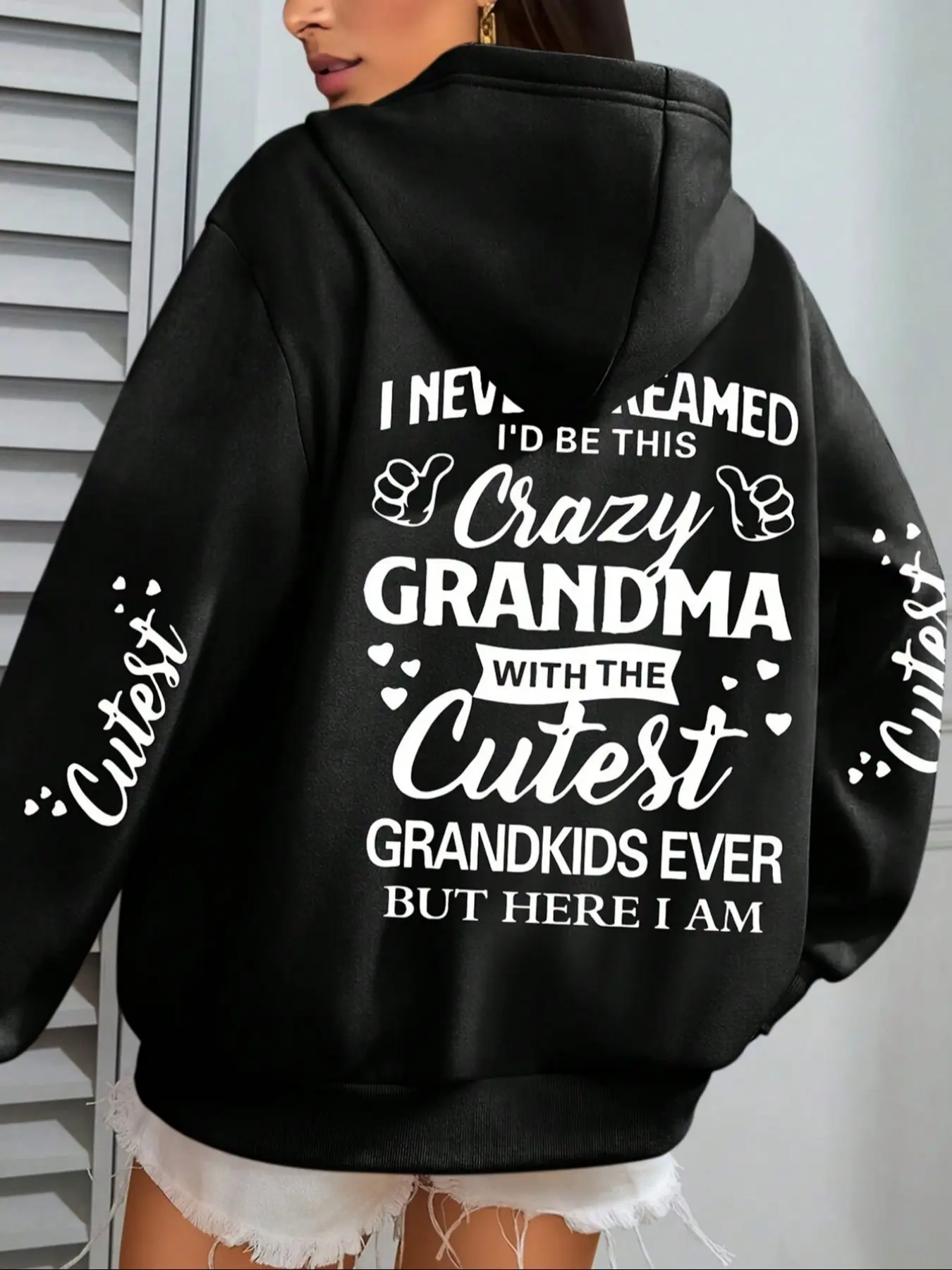 Women's Casual Loose-Fit Hoodie Pullover Tops with Crazy Grandma Print, Drawstring Pocket Design, Thick Knit Fabric, Perfect for Fall & Winter Wear, Graphic Sweatshirts, Sweatshirts, Womenswear