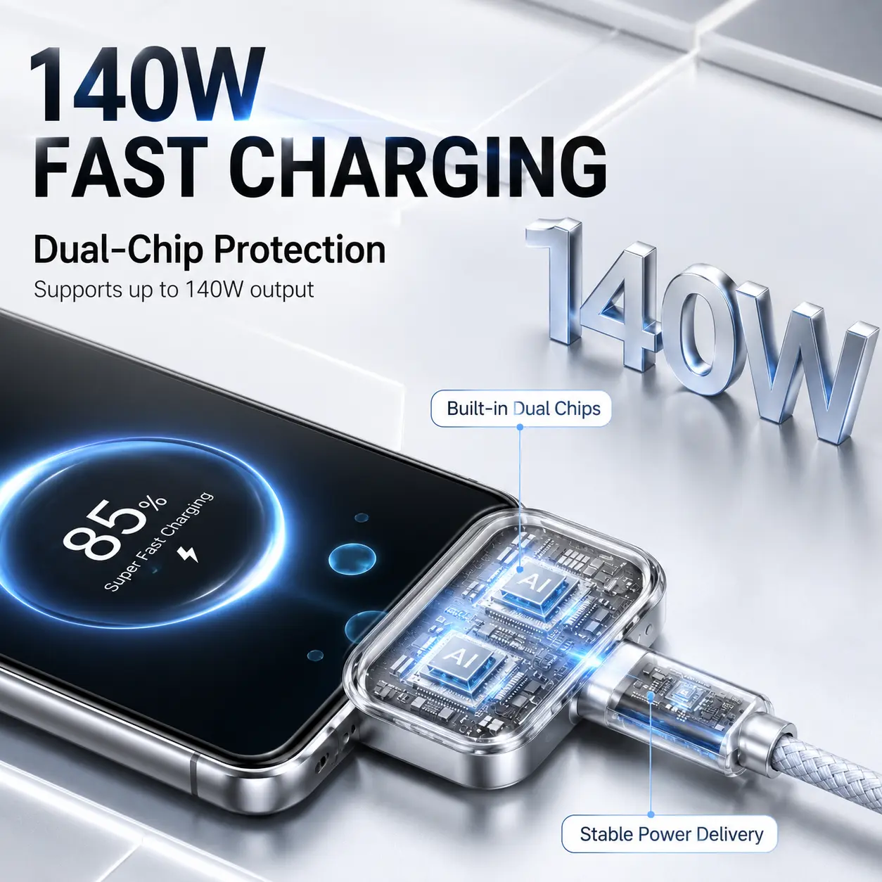 140W PD Fast Charge Portable Handheld Adapter - Auto Power Off with AI Recognition, Battery Protector for Smartphone, Cellphone, Laptop, Electronic Devices (Type-C Safe Charger)