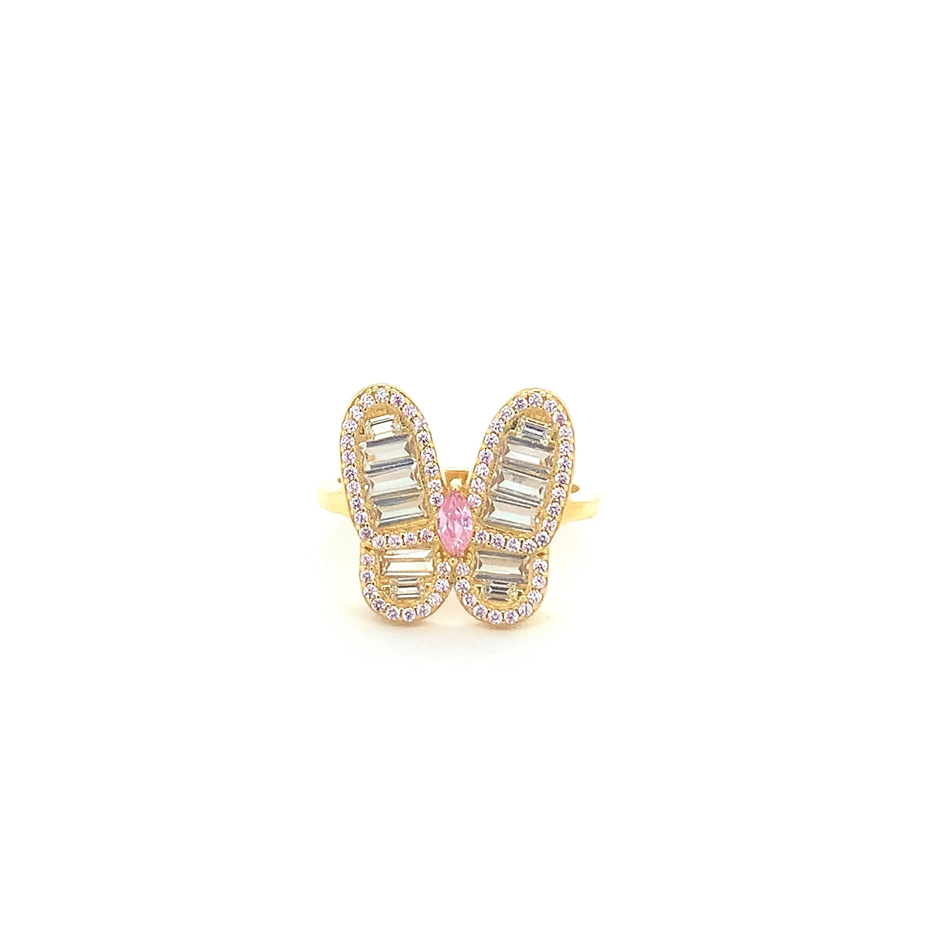 14K Gold Butterfly Ring with Baguette and Pink CZ Stones