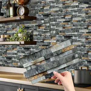 12/24/48PCS （XY-HTP26） Grey-Brown Mixed Culture Stone Tile Stickers | Self-Adhesive PVC Crystal Film Water Proof Removable Decorative Backsplash Kitchen Decor Waterproof Wall Sticker