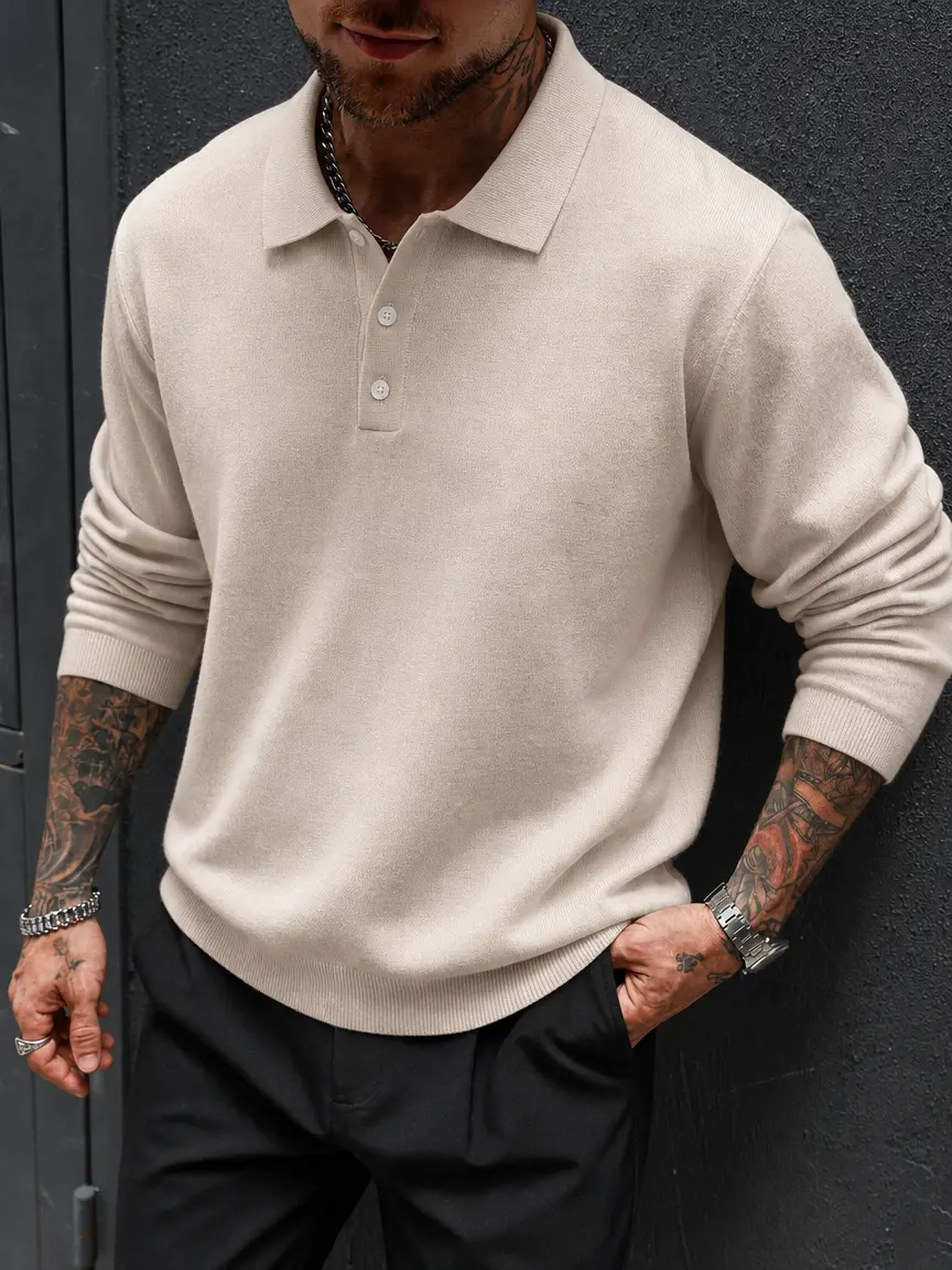 Men's Long-Sleeve Knit Polo Sweater - Beige Button-Up Pullover, Old Money Aesthetic Quiet Luxury Minimalist Menswear, Soft Relaxed-Fit Smart Casual Everyday Fall Top, Polyester Chic Knitwear