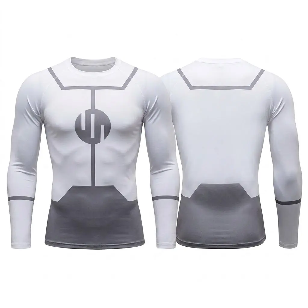 Viltrumite Long Sleeve Compression Shirt, White Grey Sci-Fi Anime Graphic Rash Guard, Mens Tight Fit Athletic Base Layer, Quick Dry Gym Workout Bodybuilding Top, Breathable Running Fitness Training Shirt