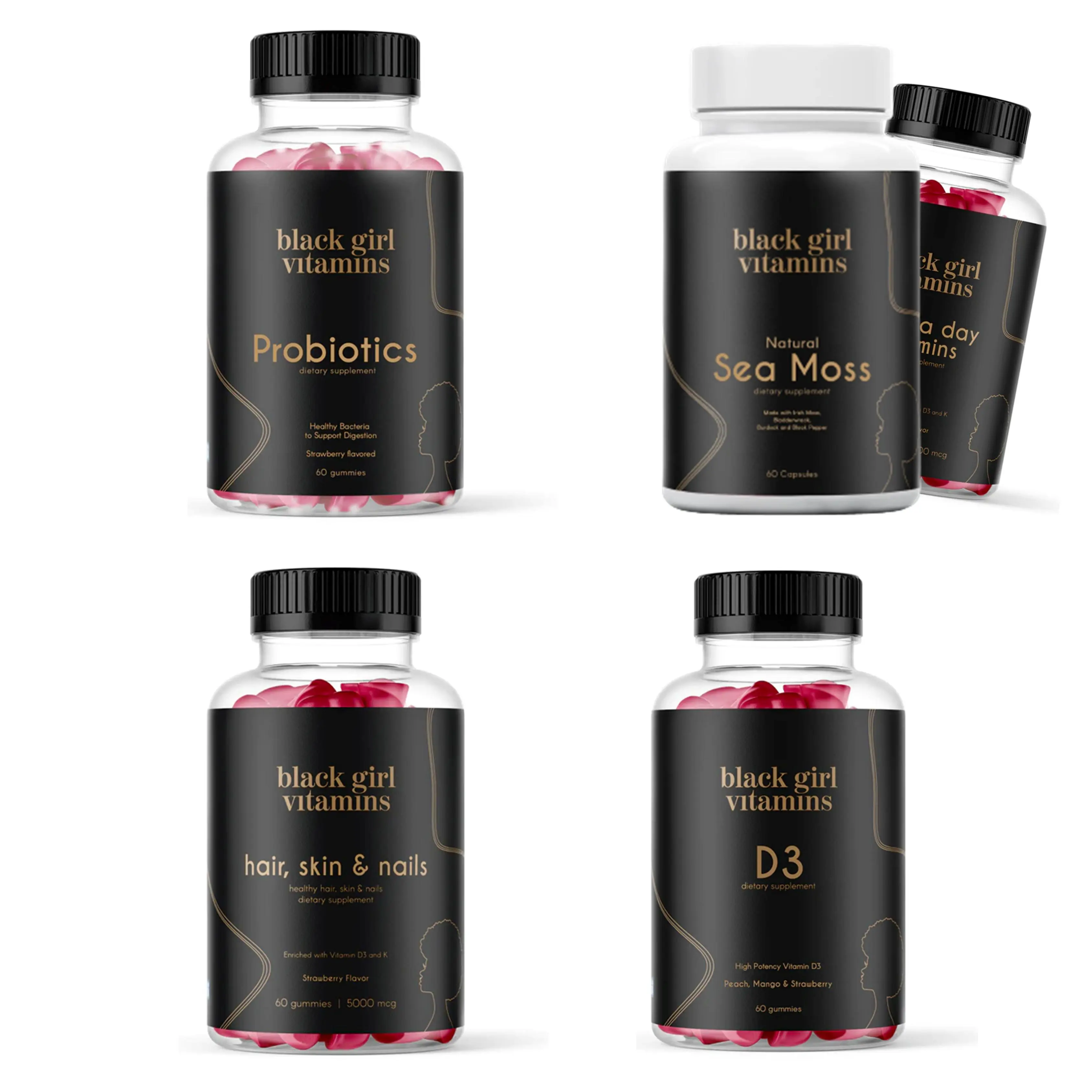 Black Girl Vitamins Complete Wellness Essentials - Probiotics Multi-Vitamin Hair Skin Nail Vitamin D3 for Immunity Energy Beauty and Gut Health Fitness