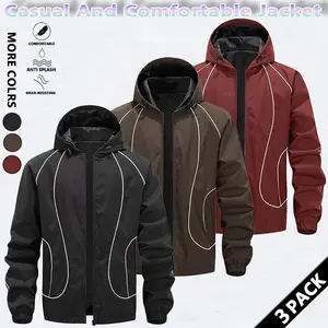 Men's solid color waterproof and windproof drawstring zipper hooded jacket, trendy striped print casual long-sleeved jacket with zipper pockets, suitable for outdoor activities, all year round. SpringStatements